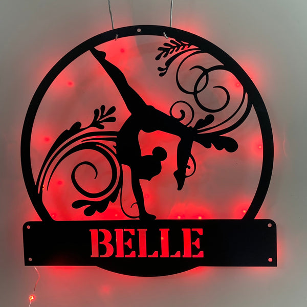 Custom Gymnastics Metal Wall Art Led Lights, Personalized Girl Gymnast Metal Name Sign, Female Gymnastics Sport Kid Room Metal Wall Led Sign