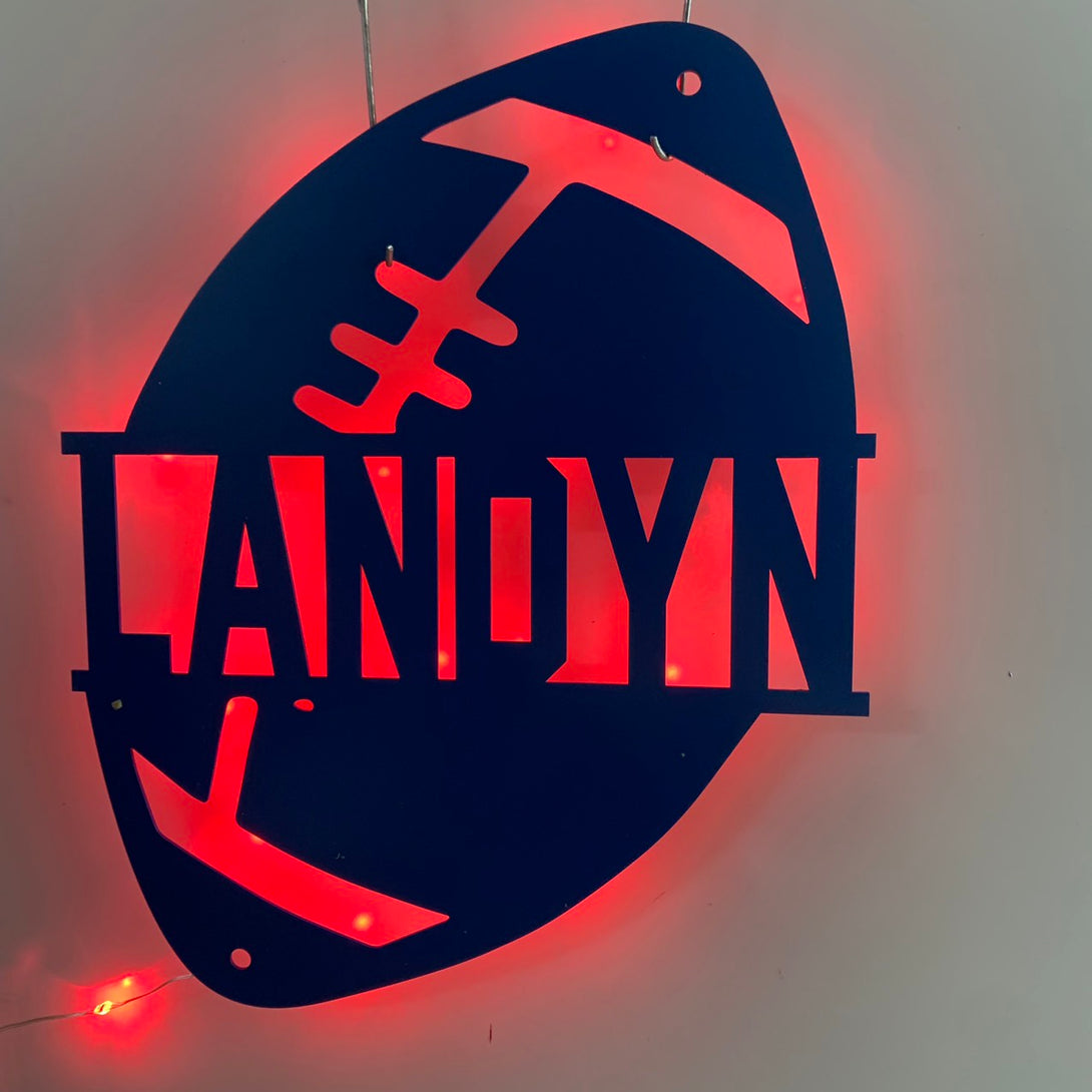 Custom American Football Metal Wall Art With Led Light, Personalized Football Player Metal Name Sign, Football Sport Kid Room Metal Led Sign