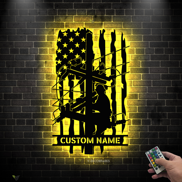Custom Name Us Flag Electrician Metal Sign Led Lights, Personalized Power Lineman Metal Name Sign, Ameircan Lineman Office Metal Wall Art Decor