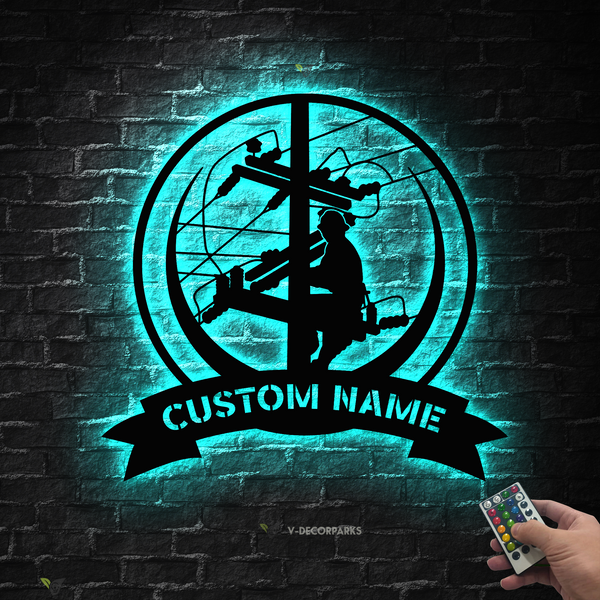 Custom Name Electricians Metal Wall Art With Led Lights, Personalized Lineman Metal Name Sign, Electrical Worker Office Metal Wall Art Decor