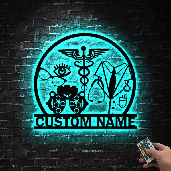 Custom Optician Metal Wall Art With Led Lights, Personalized Optometrist Eye Doctor Metal Name Sign, Optometry Clinic Metal Wall Art Office Decor