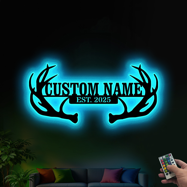 Custom Deer Antler Family Name Metal Cabin Sign Led Lights, Forest Wild Deer Hunting Metal Wall Art, Personalized Hunter Metal Name Sign