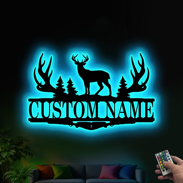 Custom Deer Antler Hunting Rifle Metal Wall Art Led Lights, Personalized Deer Hunter Metal Name Sign, Outdoor Hunting Deer Antler Cabin Metal Sign