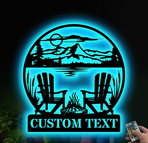 Custom Lake House Fire Pit Camping Metal Sign Led Lights, Personalized Campfire Lake House Metal Sign, Cottage Cabin Campsite Metal Wall Decor