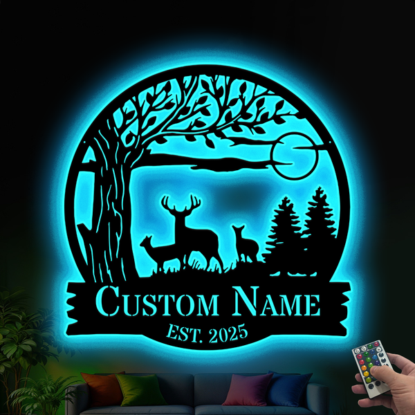 Custom Wild Deer Metal Sign With Led Lights, Personalized Forest Deer Hunting Metal Name Sign, Deer Hunting Outdoor Cabin Metal Wall Art Decor