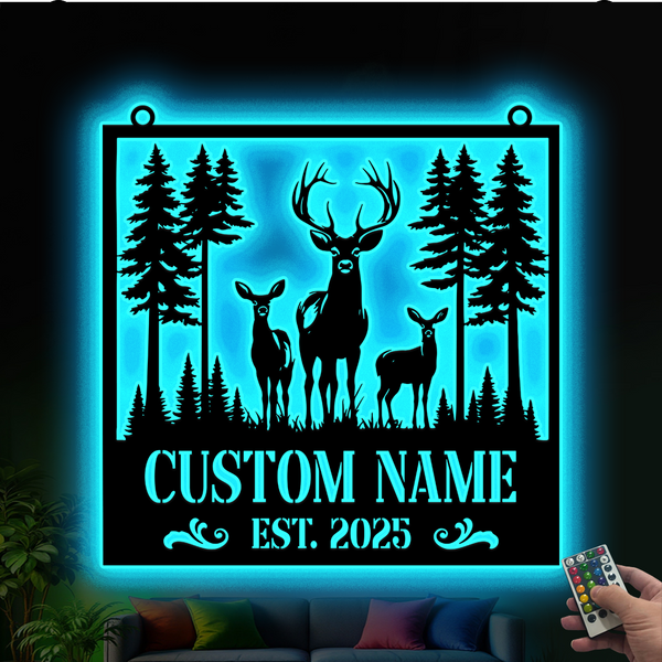 Custom Forest Deer Metal Sign With Led Lights, Personalized Deer Hunting Outdoor Metal Wall Sign, Wild Deer Hunting Lodge Cabin Metal Wall Decor