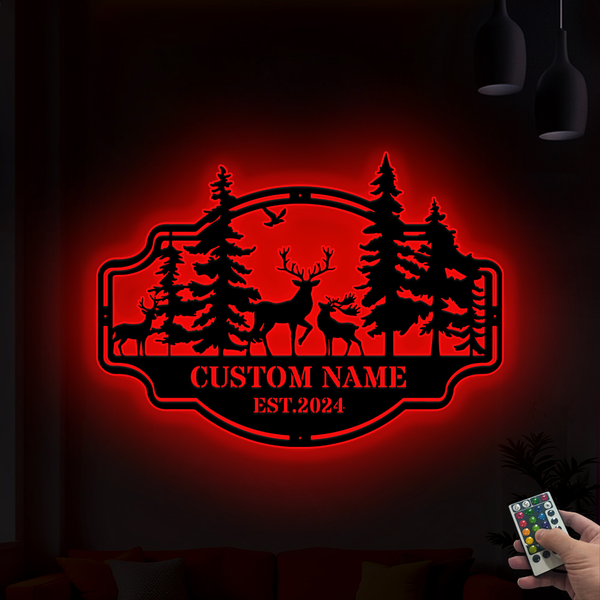 Custom Forest Deer Metal Sign Led Lights, Personalized Wild Deer Metal Cabin Sign, Deer In Forest Metal Wall Art, Hunting Cabin Lodge Metal Sign