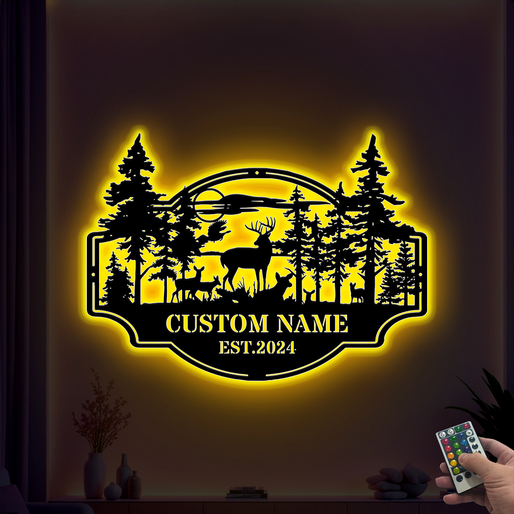 Personalized Forest Deer Metal Signs With Led Lights, Custom Wild Deer Hunting Metal Cabin Sign, Deer In Forest Metal Wall Art Outdoor Decor