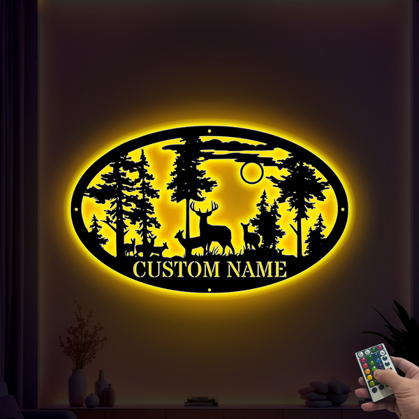 Personalized Deer Cabin Metal Sign With Led Light, Deer In Forest Metal Wall Art, Custom Name Forest Deer Hunting Cabin Lodge Outdoor Metal Decor