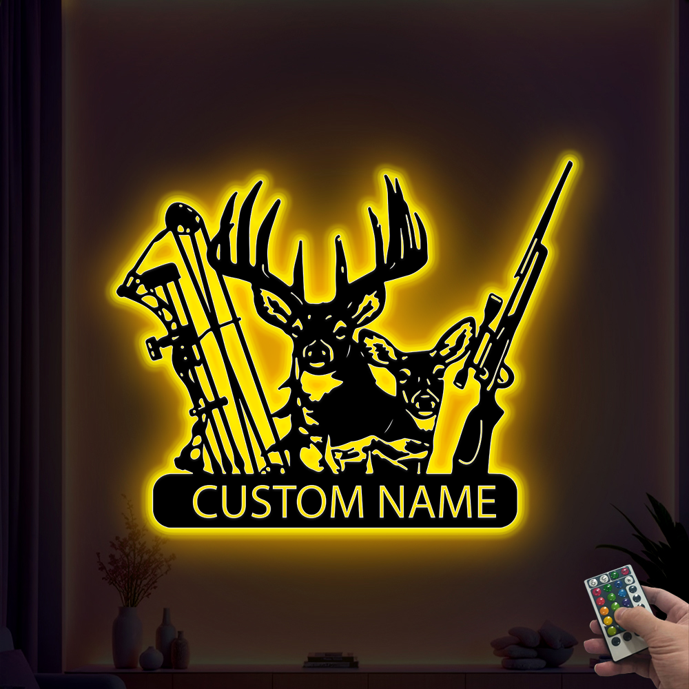 Personalized Deer Bow Hunting Rifle Metal Sign Led Lights, Custom Name Deer Hunting Metal Wall Hanging, Metal Deer Hunting Man Cave Decor