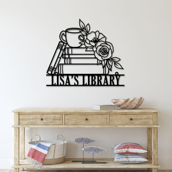 Personalized Books With Flowers Metal Name Sign, Custom Library Reading Room Metal Wall Art, Bookworm Metal Name Sign, Books Lovers Metal Sign