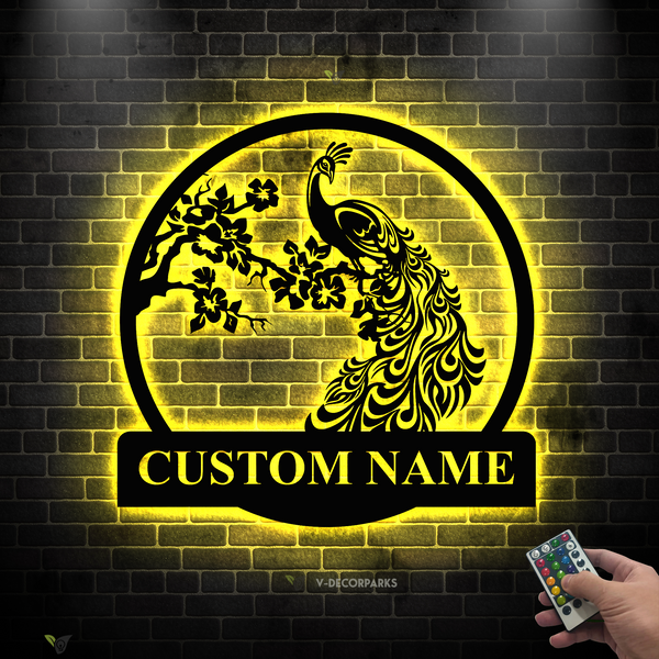Custom Name Peacock Metal Wall Art With Led Lights, Personalized Peacock Bird Metal Sign Home Decor, Peafowl Metal Sign Wall Hanging Decor