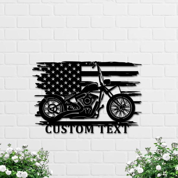 Custom Us Flag Motorcycle Metal Wall Art, Personalized Motorcycle Metal Name Sign, Motorcycle Garage Mancave Metal Wall Hanging Decor