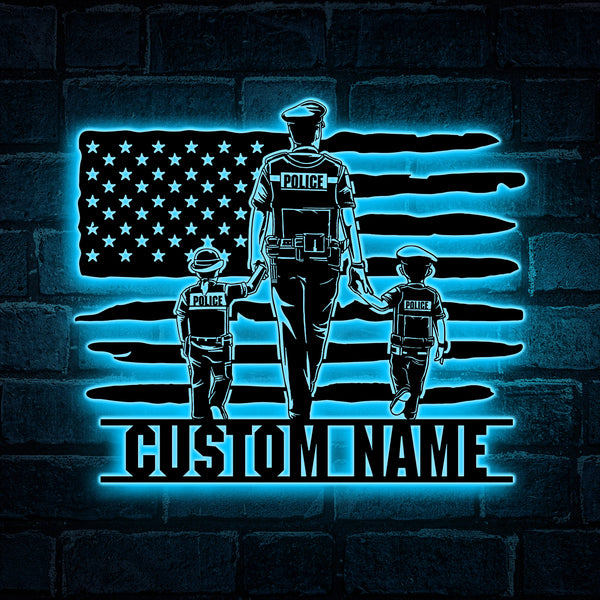 Custom Us Flag Father And Son Police Metal Sign Led Lights, Personalized Us Policeman Metal Name Sign, Police Officer Metal Wall Hanging Decor