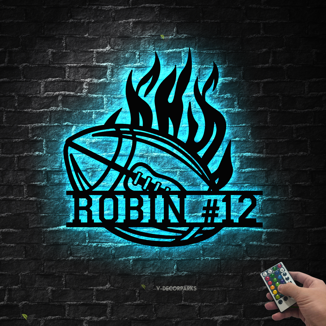 Personalized American Football Metal Wall Art Led Lights, Custom Football Player Metal Name Sign, Football Sport Metal Sign Kids Room Decor