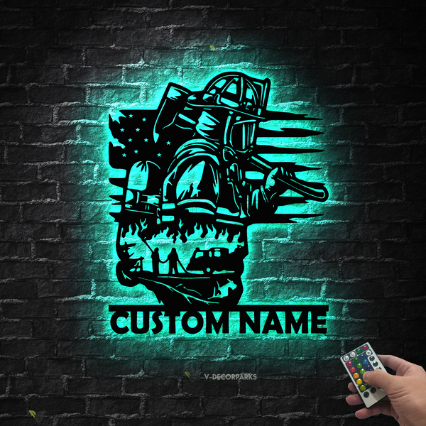 Personalizable Firefighter Metal Sign Art With Led Lights, Custom Name Firefighter Metal Sign, First Responder Metal Wall Hanging Decor