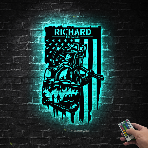 Personalized Us Flag Firefighter Metal Sign Art With Led Lights, Custom Name Firefighter Metal Sign, First Responder Metal Wall Hanging Decor