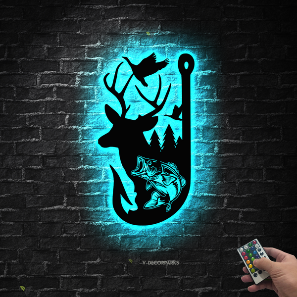 Deer Duck And Fish Hunting Metal Wall Art Led Lights, Wildlife Hunting Fishing Hook Metal Sign, Rustic Hunting Cabin Metal Sign Man Cave Decor