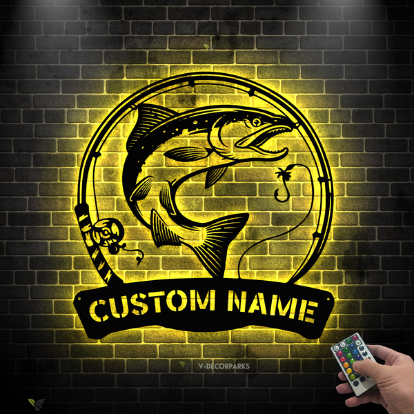 Custom Name Salmon Fish Metal Sign Led Lights, Personalized Salmon Fishing Metal Wall Art, Hunting Fishing Metal Cabin Outdoor Decor