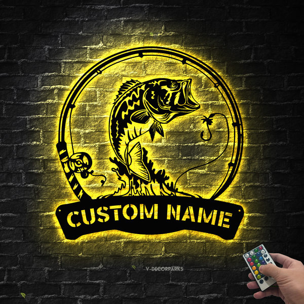 Custom Largemouth Bass Fish With Rods Metal Wall Art Led Lights, Personalized Fisherman Metal Name Sign, Bass Fishing Outdoor Metal Cabin Sign