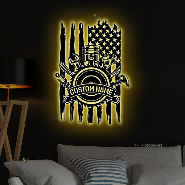 Custom Us Flag Mechanic Tools Repair Metal Sign Led Lights, Personalized Mechanic Garage Metal Wall Decor, Papa Workshop Garage Metal Wall Art