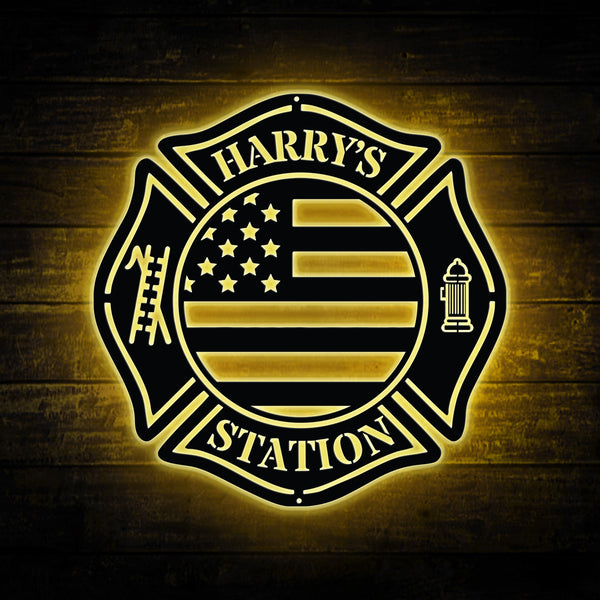 Custom Firefighter Maltese Cross Us Flag Metal Sign Led Lights, Personalized Fire Dept Metal Wall Art Decor, Us Firefighter Fire Rescue Metal Sign