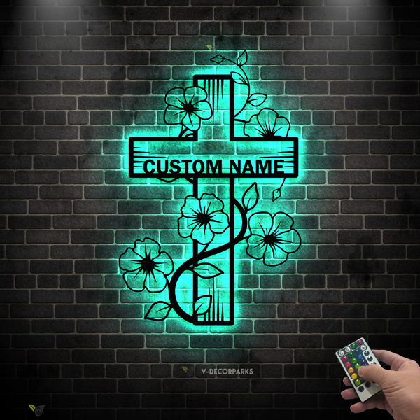 Custom Floral Cross Metal Wall Art With Led Lights, God Faith Cross Metal Sign Art, Religious Lord Blessed Cross Metal Led Sign Home Decor