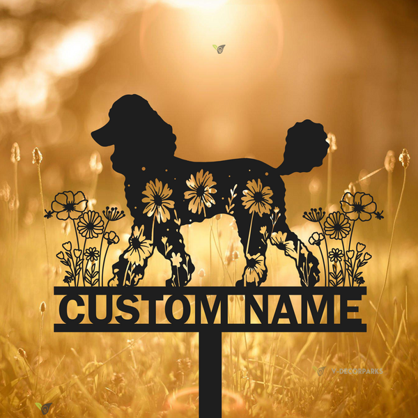 Custom Name Floral Poodle Memorial Metal Stake Sign, Poodle Dog Memorial Garden Stake, Pet Loss Metal Grave Markers Stake, Dog Remembrance Stake