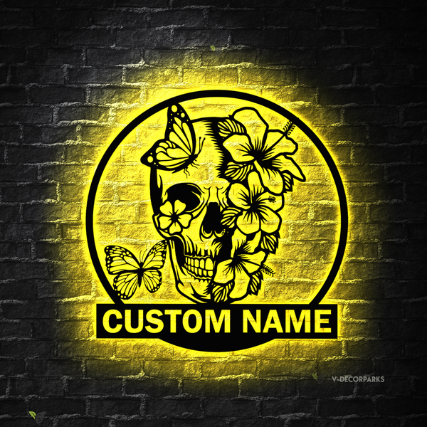 Personalized Floral Sugar Skull Metal Sign Led Lights, Custom Flower Skull With Butterfly Metal Wall Art, Flower Skull Metal Wall Hanging Decor