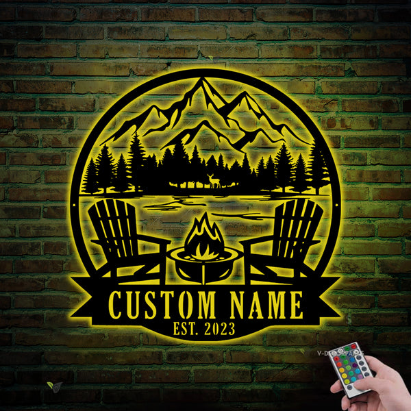 Personalized Lake House Camping Metal Sign Led Lights, Custom Lake House Metal Name Sign, Mountain Forest Lake Scene Metal Sign Outdoor Decor