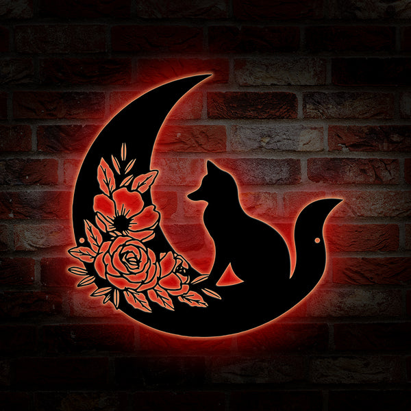 Fox On Moon Metal Wall Art With Led Lights, Metal Fox With Flowers Sign, Fox On Crescent Moon Metal Sign, Fox Metal Art Housewarming Gift
