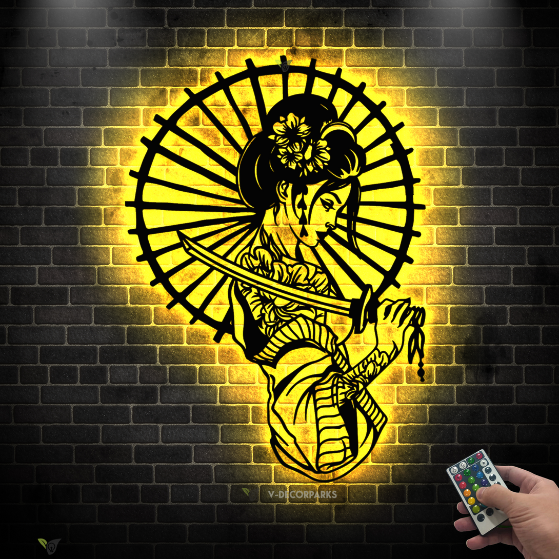 Japanese Geisha Metal Wall Art With Led Lights, Geisha Warrior Metal Sign Home Decor, Geisha With Katana Metal Art Wall Hanging Decor