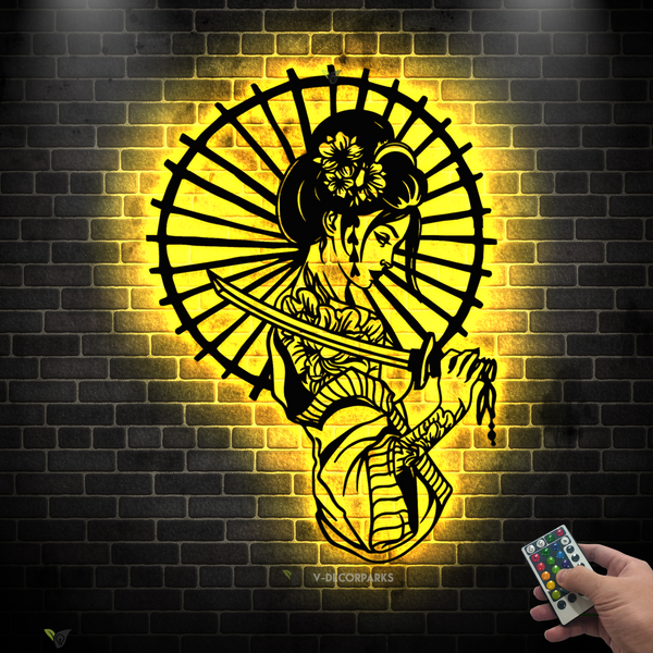 Japanese Geisha Metal Wall Art With Led Lights, Geisha Warrior Metal Sign Home Decor, Geisha With Katana Metal Art Wall Hanging Decor