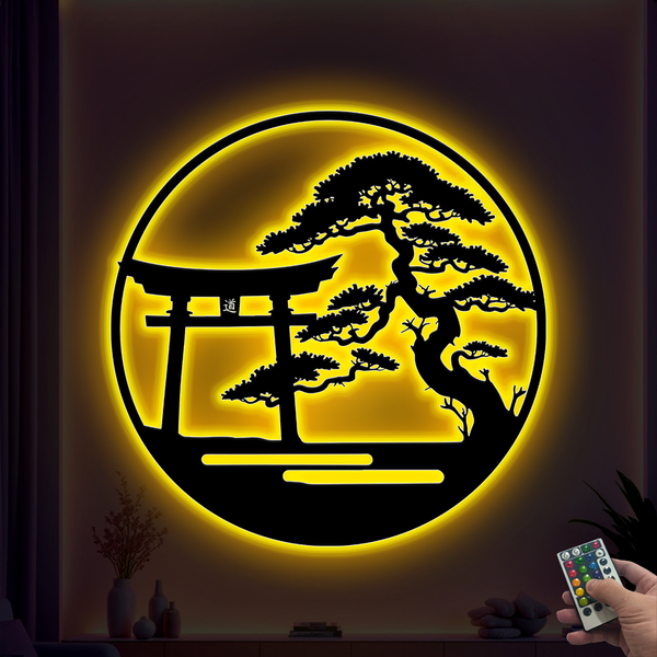 Japanese Bonsai Tree Torii Gate Metal Wall Art Led Lights, Japanese Inspired Torii Gate Metal Sign, Shinto Shrine Led Metal Sign Wall Art Decor