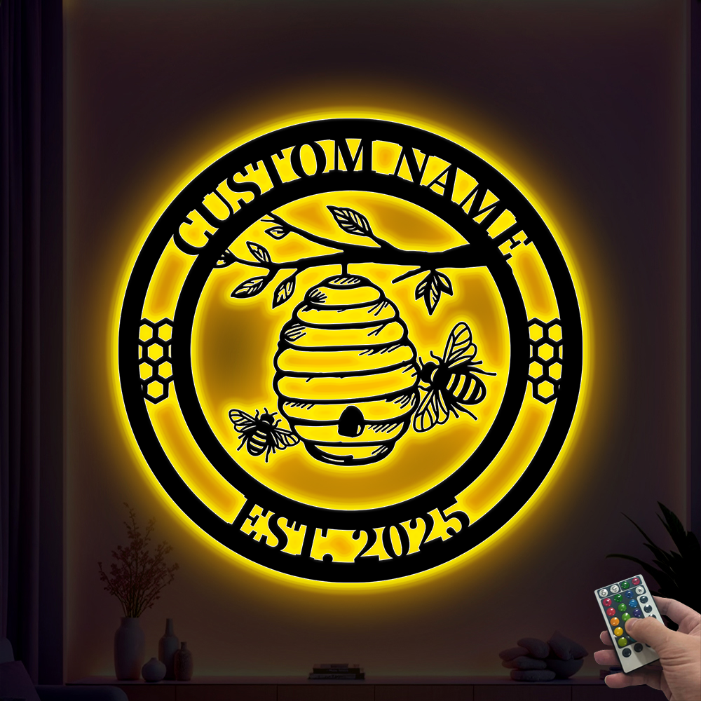 Custom Bee Hive Metal Wall Art With Led Lights, Personalized Honey Bee Metal Farm Sign, Custom Gardener Bee Keeper Metal Name Sign
