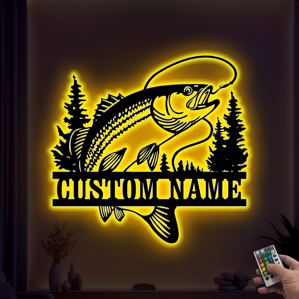 Custom Trout Fishing Metal Wall Art With Led Lights, Personalized Fisherman Metal Name Sign, Char Fishing Outdoor Metal Wall Hanging Cabin Decor
