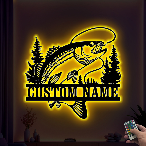 Custom Trout Fishing Metal Wall Art With Led Lights, Personalized Fisherman Metal Name Sign, Char Fishing Outdoor Metal Wall Hanging Cabin Decor