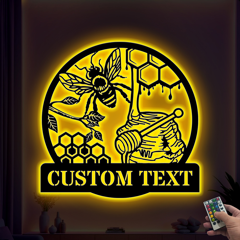 Custom Honey Bee Metal Wall Art With Led Lights, Personalized Bee Keeper Metal Name Sign, Bee Hive Metal Garden Decor, Bee Farm Metal Sign