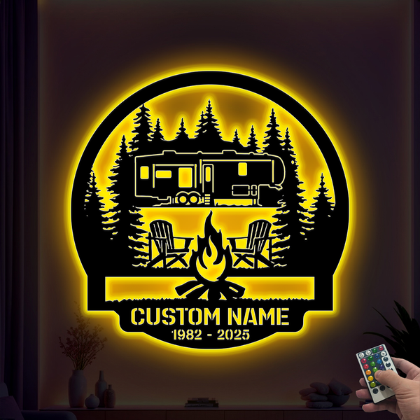 Personalized 5th Wheel Camper Fire Pit Metal Sign Led Lights, Custom Campfire Happy Camper Metal Sign, Forest Cottage Cabin Campsite Metal Decor