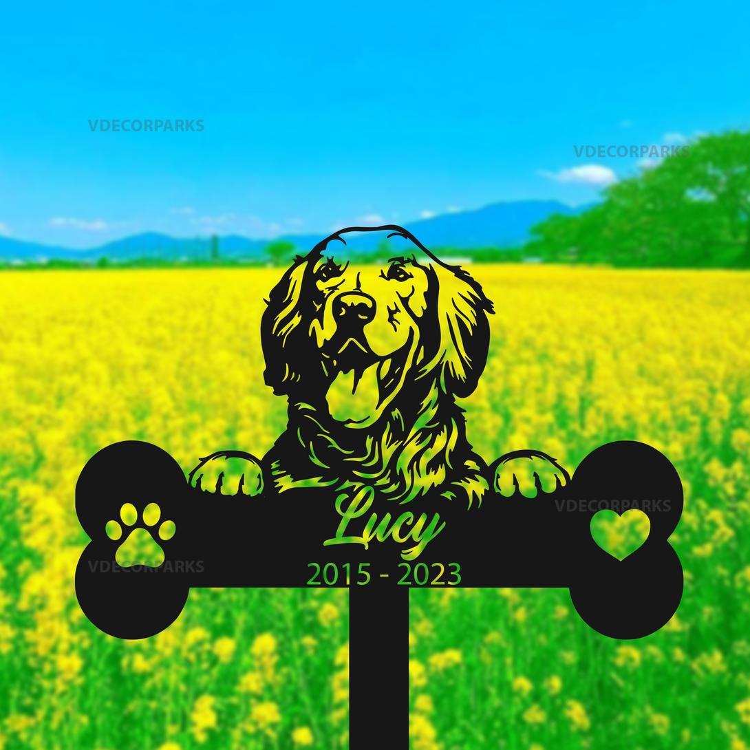 Personalized Flat-coated Retriever Dog Memorial Metal Stake, Custom Dog With Bone Metal Sign With Stake, Dog Metal Grave Marker, Remembrance Stake
