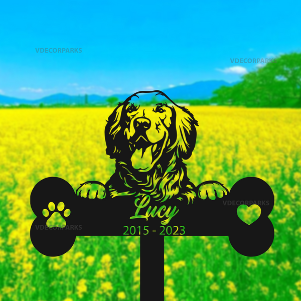 Personalized Flat-coated Retriever Dog Memorial Metal Stake, Custom Dog With Bone Metal Sign With Stake, Dog Metal Grave Marker, Remembrance Stake