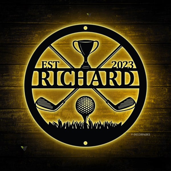Personalized Metal Golf Sign With Led Lights, Custom Name Golfer Metal Wall Art, Golfing Golf Club Metal Home Decor, 19th Golf Led Metal Sign