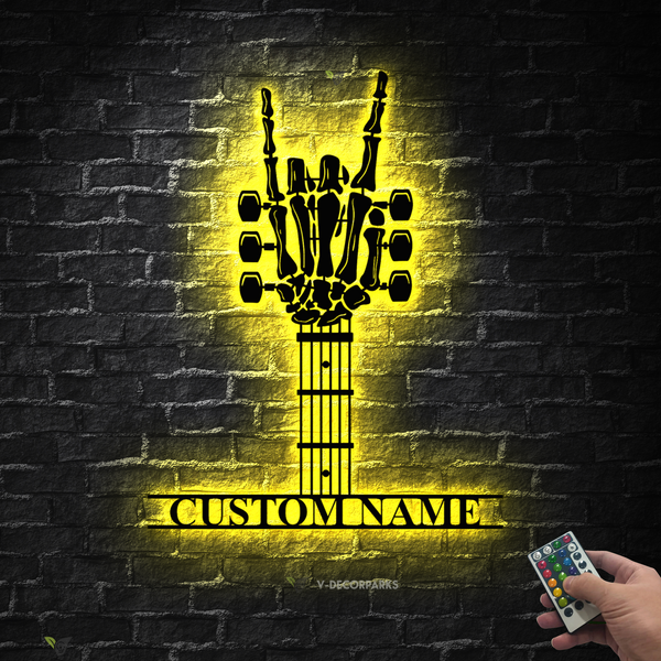 Custom Rock N Roll Skeleton Hand Metal Sign With Led Lights, Personalized Guitar Rock Music Metal Wall Art, Guitar Music Studio Metal Sign