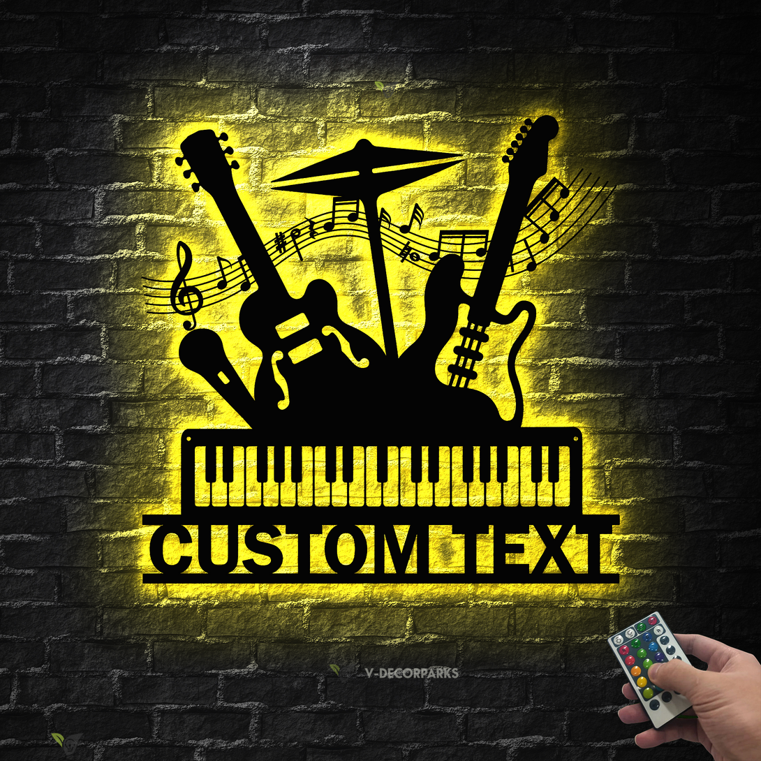 Personalized Musical Band Metal Wall Art Led Lights, Guitar Drum Piano Art Metal Sign, Custom Music Studio Metal Name Sign, Music Room Sign