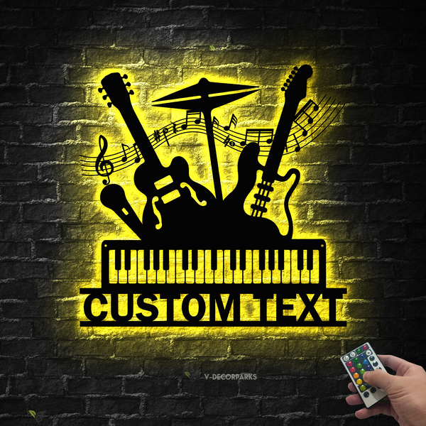 Personalized Musical Band Metal Wall Art Led Lights, Guitar Drum Piano Art Metal Sign, Custom Music Studio Metal Name Sign, Music Room Sign