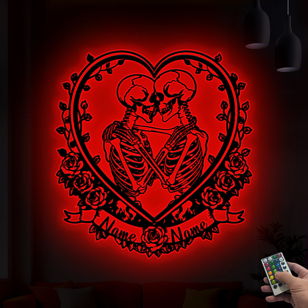 Custom Name Skeleton Couple Metal Sign With Led Lights, Skeleton Couple With Rose Metal Wall Art, Gothic Skull Lover Led Metal Sign Art Decor