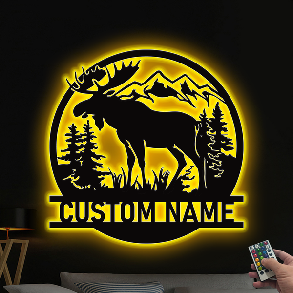 Personalized Wild Moose Outdoor Metal Wall Art With Led Lights, Custom Metal Moose Sign With Last Name, Moose Hunting Cabin Man Cave Metal Sign