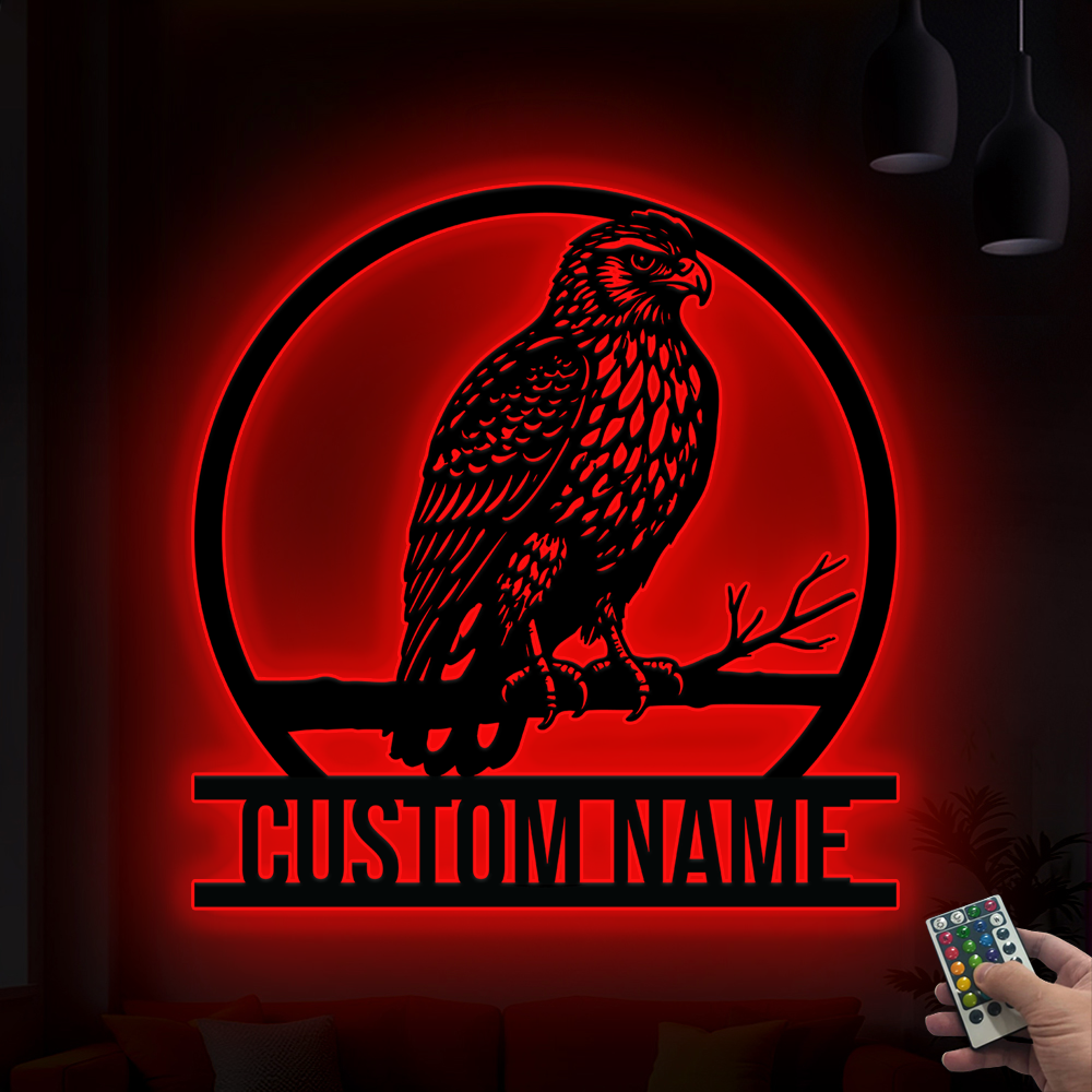 Custom American Eagle On Branch Metal Sign With Led Lights, Personalized Eagle Bird Metal Wall Hanging, Metal Eagle Sign For Home Decor