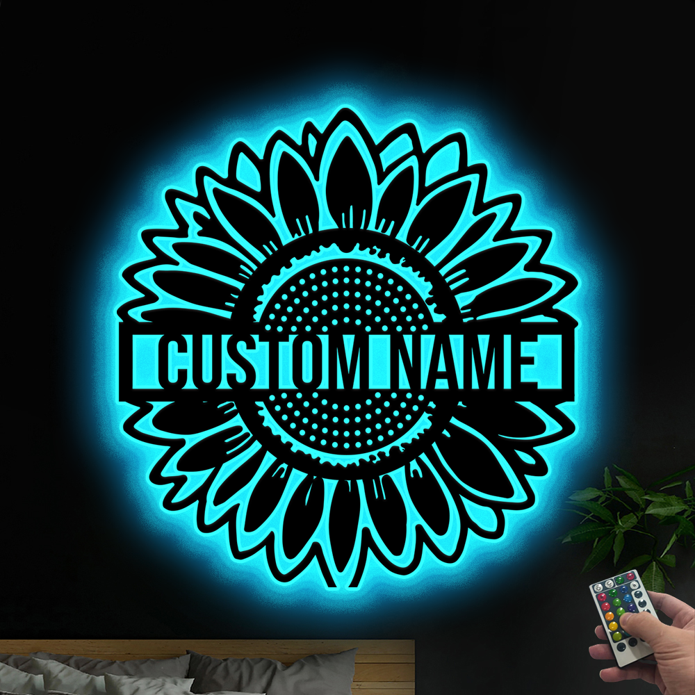 Personalized Sunflower Metal Sign With Led Lights, Custom Name Sunflower Metal Wall Hanging Decor, Sunflower Metal Wall Art Home Decor