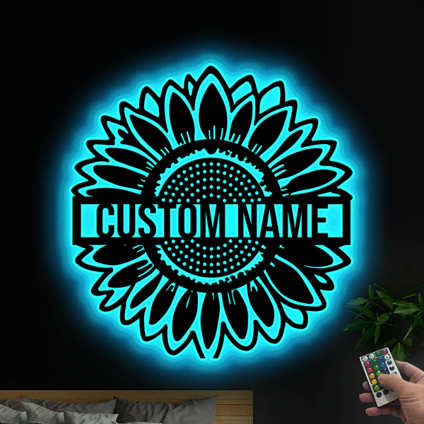 Personalized Sunflower Metal Sign With Led Lights, Custom Name Sunflower Metal Wall Hanging Decor, Sunflower Metal Wall Art Home Decor